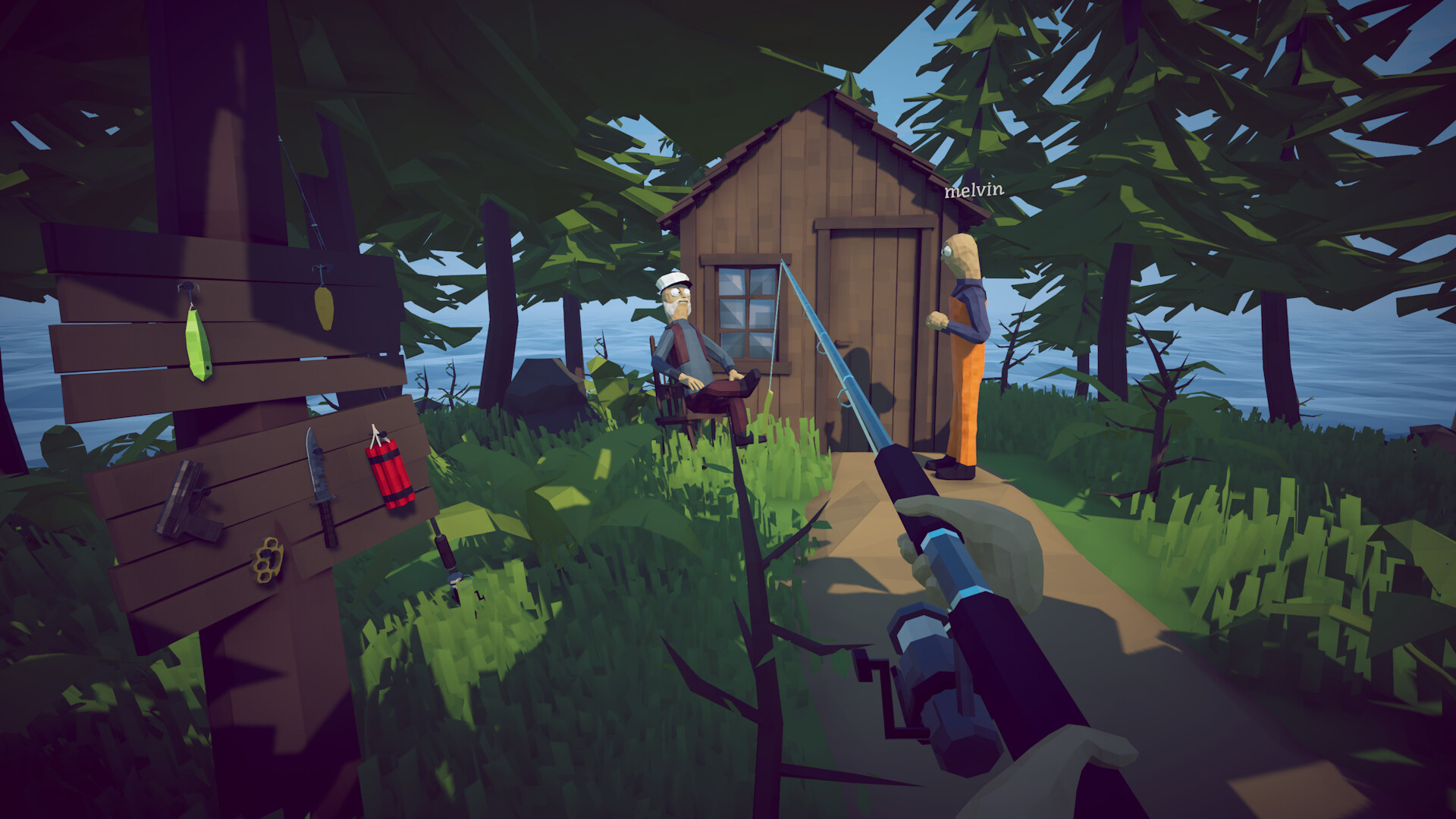 First-person fishing beside a wooden cabin in How to Fish