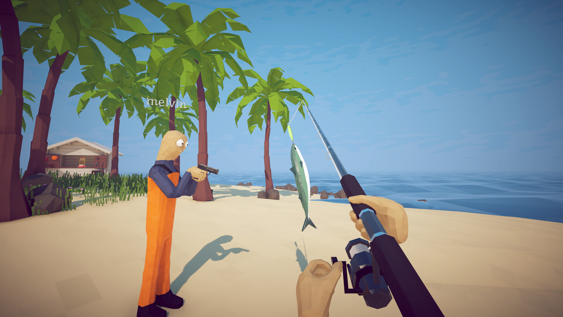 Two players fishing together on a beach in How to Fish